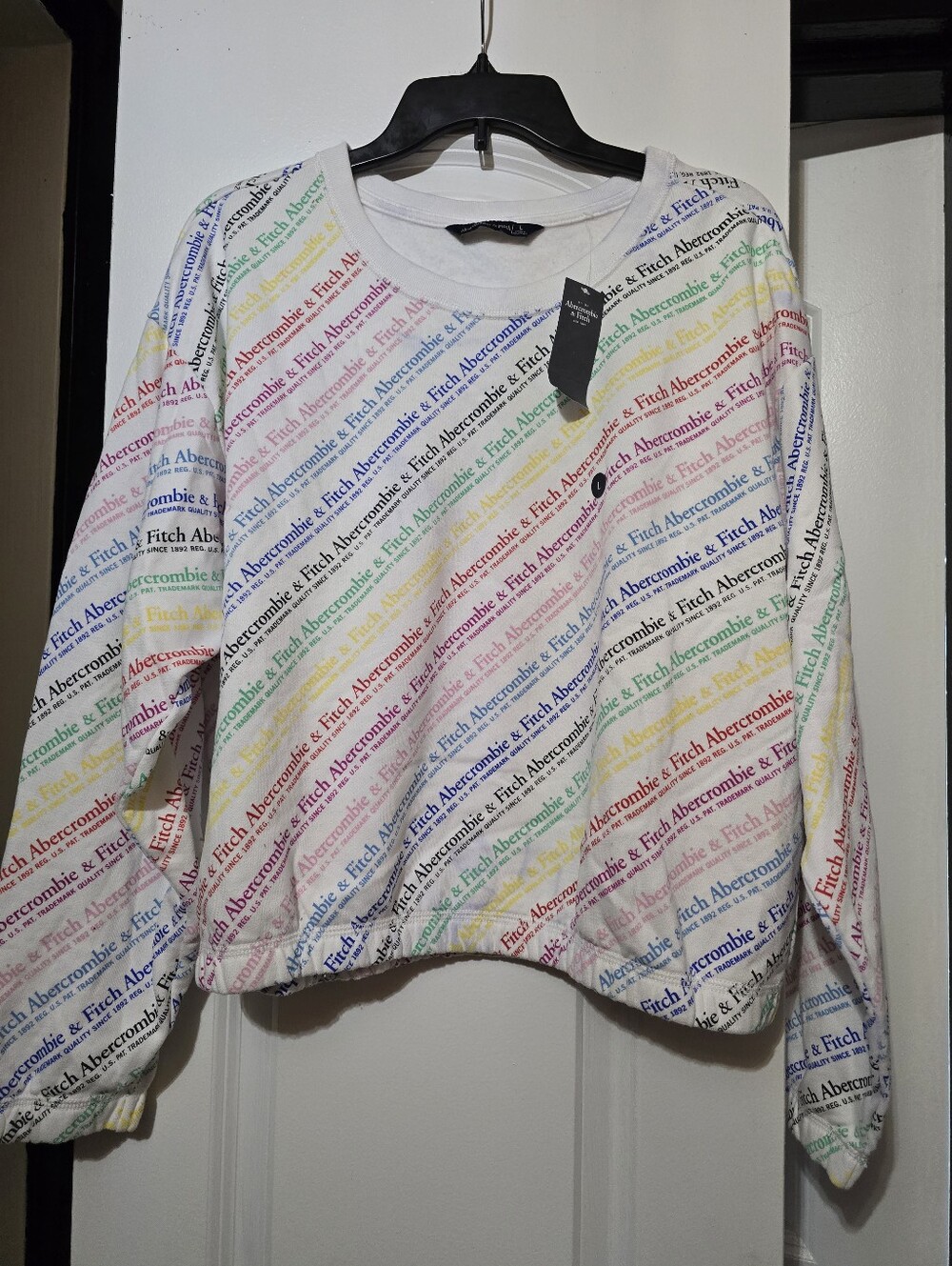Abercrombie & Fitch White Crewneck Pullover w Rainbow Colored Logo Stripes - L